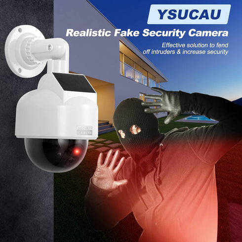 Solar Powered Dummy Fake CCTV Security Dome Camera with Flashing Red LED Light & Warning Security Alert Sticker Decal, Indoor/Outdoor Use...
