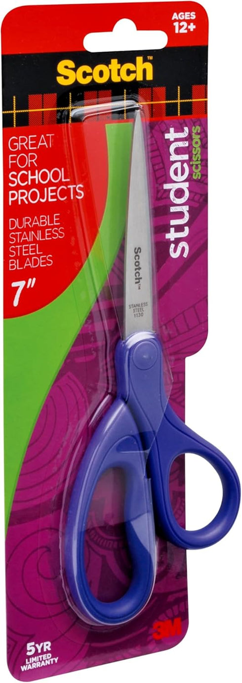 Scotch 7-Inch Student Scissors, Blue, Green, and Purple, Colors Vary, 6-Pack...