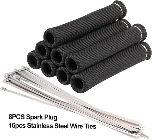 8PCS Spark Plug Wire Boots 6 inches 2500° Heat Shield Protector Sleeve with 16pcs Stainless Steel Wire Ties(Black)...