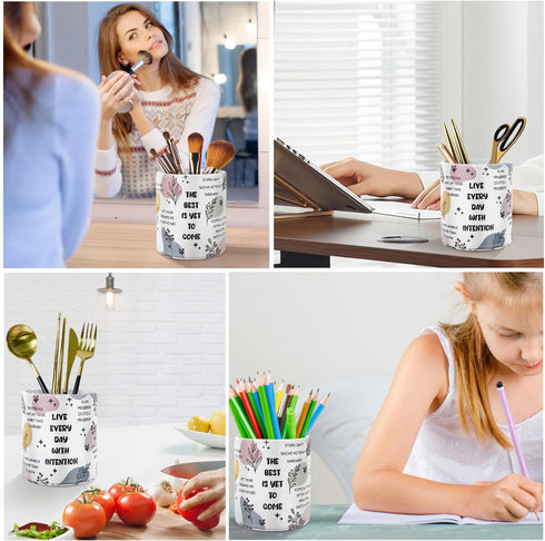 WAVEYU Desk Pen Holder Organizer Cute, Pencil Holder Cup, Makeup Brush Holder Large Pu Leather, Multi-Functional Organizer for School College Offi...