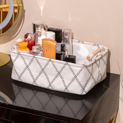 Decorative Collapsible Rectangular Fabric Storage Bin Organizer Basket with Wooden Handles for Clothes Storage,12.6x8.7x4.7 inch,White...