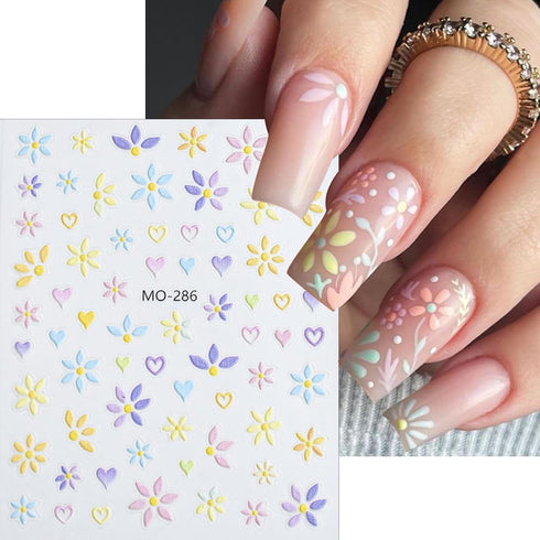 Flower Nail Art Stickers 5D Embossed Self Adhesive Nail Decals Spring Daisy Nail Design Summer Flower Petal Heart Nails Supplies Nail Sticker for ...