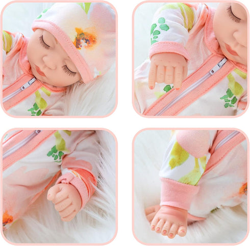 10 Inch Newborn Reborn Baby Doll and Clothes Set Washable Realistic Soft Silicone Sleeping Baby Doll with Beautiful Flower Pattern Jumpsuit and Ha...