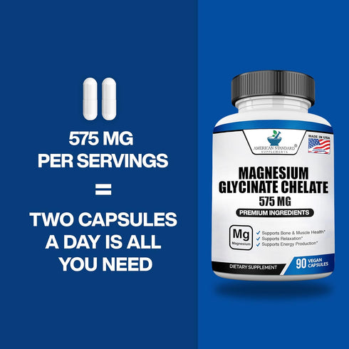 American Standard Supplements Magnesium Glycinate 575mg per Serving, 90 Veggie Capsules, Magnesium Supplement for Bone & Muscle Health, Chelated f...