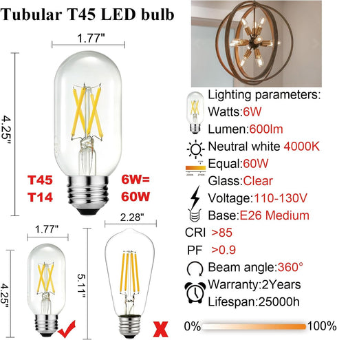 LiteHistory E26 Edison Bulb 6W Equivalent E26 LED Bulb 60 Watt Dimmable Neutral White 4000K E26 Light Bulb AC120V 600lm Tubular T14 T45 LED Bulb f...