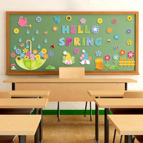 Konsait Spring Bulletin Board Decorations, 68Pcs Spring Bulletin Board Set, Big Umbrella Flowers Waterdrop Spring Cutouts for Home Office Classroo...