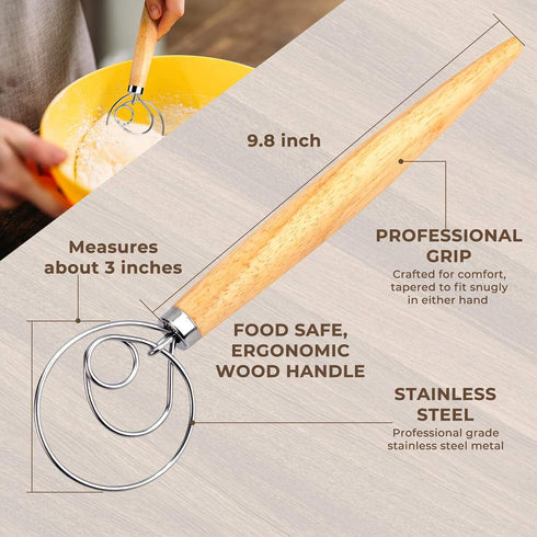 Danish Dough Whisk Bread Mixer?2 Pack Premium Stainless Steel Dutch Whisk With a Dough Scraper for Bread, Pastry or Pizza Dough - Perfect Baking...