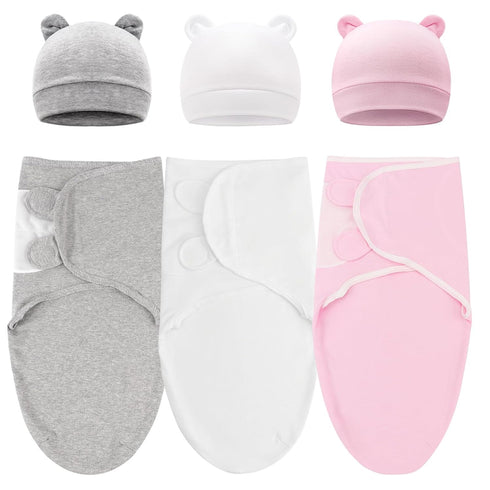 DRESHOW BQUBO 3 Pack Preemie Swaddle Blanket Wrap with Bear Ears Hat Set for Baby Boys Girls Preemie Swaddle Preemie Cap for 3-7 Lbs Preemie & 0-3...