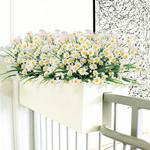 Artificial Daisies Flowers Outdoor UV Resistant 4 Bundles Fake Foliage Greenery Faux Plants Shrubs Plastic Bushes for Window Box Hanging Planter F...