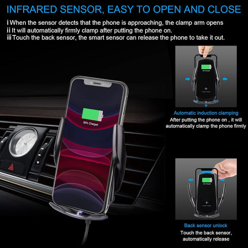 Wireless Car Charger,15W Qi Fast Charging, Automatic Sensor Auto-Clamping Car Phone Holder, Windshield Dashboard Air Vent Car Phone Mount, Q3-US...