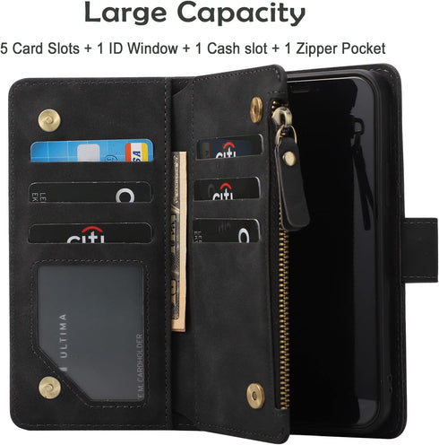 RANYOK Wallet Case Compatible with iPhone 12/12 Pro (6.1 inch), Premium PU Leather Zipper Flip Folio Wallet RFID Blocking with Wrist Strap Built-i...