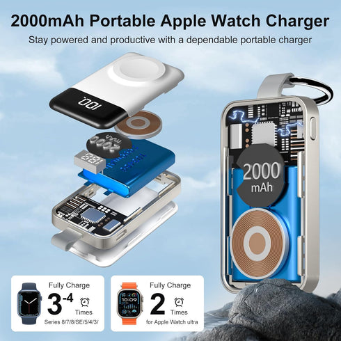 Portable Wireless Charger Compatible for Apple Watch,2000mAh Magnetic iWatch Charger Power Bank Keychain Travel Accessories LED Display for Apple ...