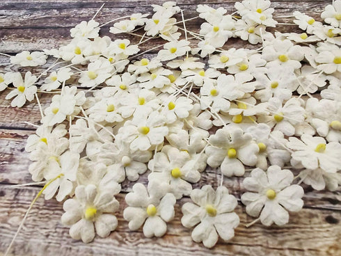HukDok Mini Flowers with Thread Stem Mulberry Paper Flower Embellishment Card Craft Supplies Scrapbooking DIY Card Crafts Projects. (White)...