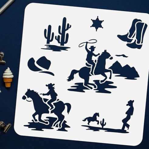 FINGERINSPIRE Western Cowboy Theme Stencil 11.8x11.8 inch Cowboys Riding Horse Painting Stencils Plastic Cactus Boots Hats Pattern Stencil Reusabl...
