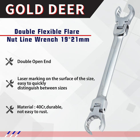 Flex Head Flare Nut Wrench 19 * 21mm Wrench Flexible Flare Nut Line Wrench Metric Flare Nut Wrench Set Metric Flare Tool Flex Tools 40Cr for Autom...