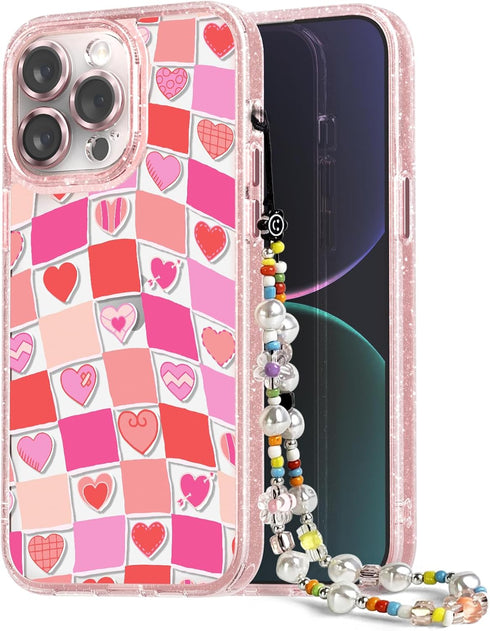 Compatible for iPhone 14 Pro Max Case Cute Aesthetic - Glitter Pink Phone Case with Camera Protector - Girly Love Plaid Cover with Wrist Strap Des...