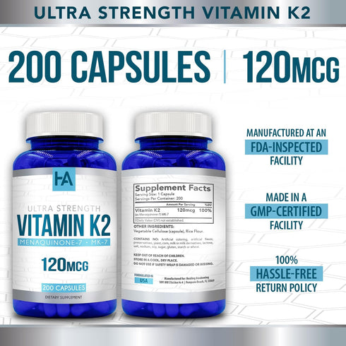 Vitamin K2 MK-7 120 MCG - 200 Vegetarian Capsules (Non-GMO & Gluten Free)...