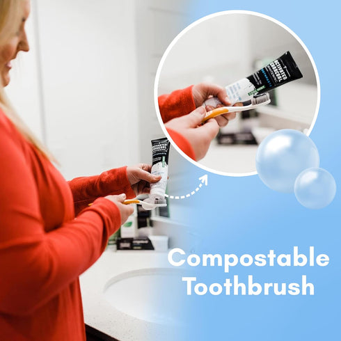 Compostable Toothbushes, Dual Action Flossing Bristles, Silver Infused Soft Bristle Toothbrush, Natural Toothbrushes for Adults, Multi Color, 4-Pa...