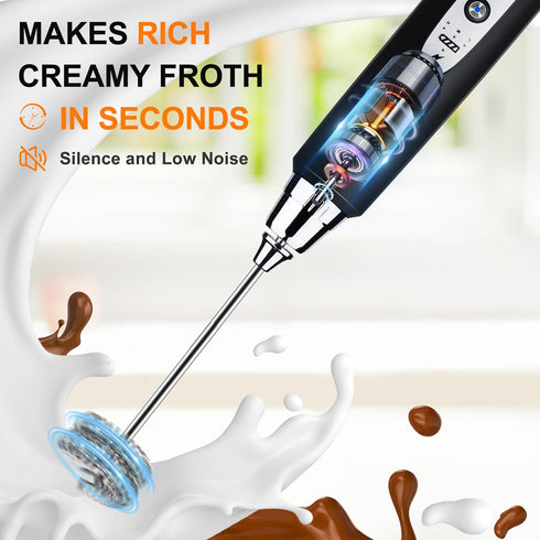 YUSWKO Black Handheld Milk Frother Wand for Coffee, Rechargeable Electric Whisk with 3 Heads 3 Speeds Drink Mixer Coffee Frother For Latte, Cappuc...