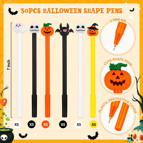 30 Pcs Halloween Pens, Pumpkin Skull Heads Ghost Bat Shape Pens, 0.5 MM Bulk Black Rollerball Pen for Halloween Thanksgiving Party Supplies School...