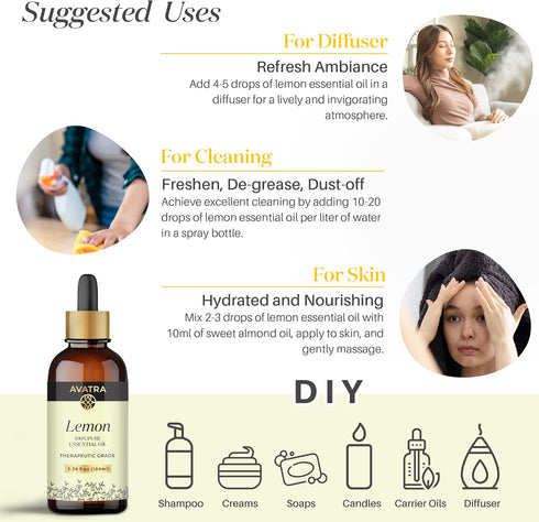 Avatra Lemon Essential Oil for Skin & Aromatherapy | Natural & Undiluted Essential Oil for Diffuser, Household Cleaning | Therapeutic Grade Essent...