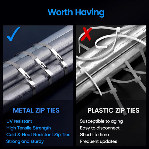 Metal Zip Ties,100 Pcs 11.8 Inch,304 Stainless Steel Zip Ties Multi-purpose Metal Cable Ties-Suitable for Outdoor Chain Link Fence and Exhaust Wra...