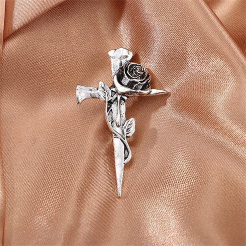 Vintage Flower Cross Brooch Pin for Women Men Silver Plated Fashion Unique Valentine Religion Brooches Lapel Pins Dainty Dress Accessories Elegant...