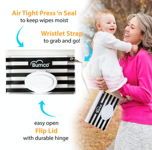BUMCO Airtight Wipes Dispenser, Keeps Wet, Reusable Refillable Pouch, Diaper Bag Organizer for Travel, Carrying Clutch, Unique Baby Gift for Girl ...