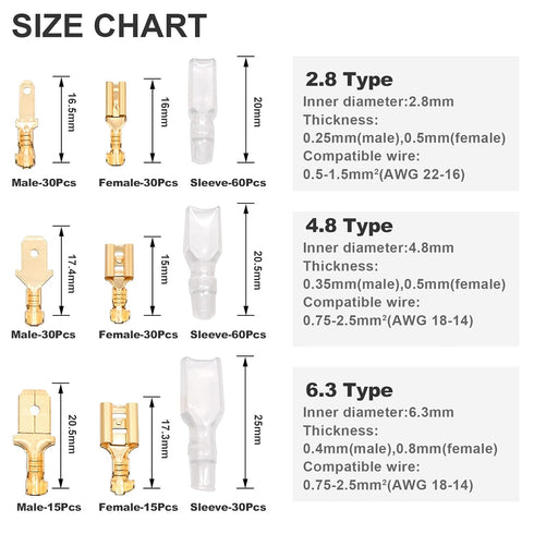 QTEATAK 2.8,4.8,6.3mm Golden Quick Splice Male and Female Wire Spade Crimp Terminal Connectors Assortment Kit with Insulating Sleeve(300Pcs)...
