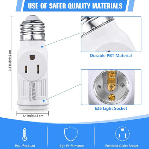 Feekoon 4 Pcs 3 Prong Light Socket Adapter, E26 Light Bulb Outlet Adapter, Polarized Light Socket to Plug Adapter, Light Bulb to 2/3 Prong Outlet ...