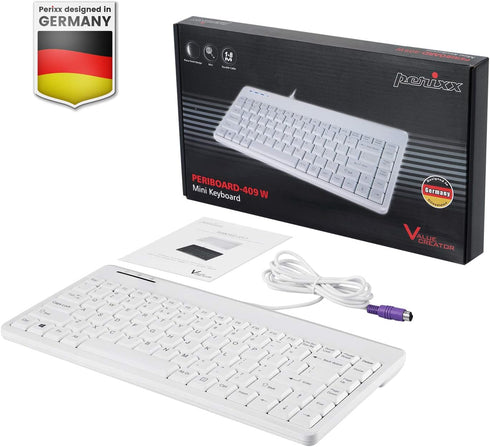 Perixx PERIBOARD-409PW Wired PS2 Mini Keyboard - 12.36x5.75x0.79 inches Dimension - White - US English Layout,PB-409PWUS-11829...