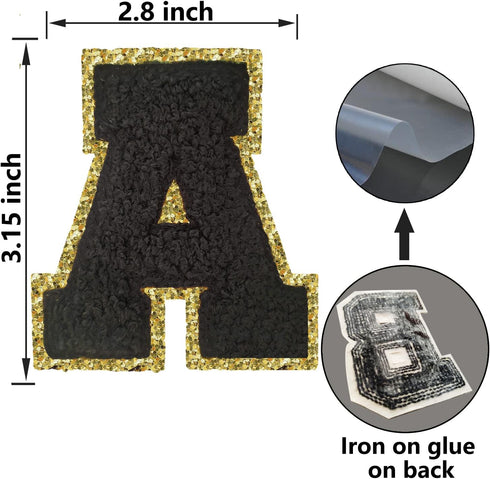 3Pcs Letter Patches Varsity Glitters Chenille,SPRT Iron on Black Letter Patch,3.1 inch Alphabet Cloth Patch for Team Costume Decoration 3.1in Heig...