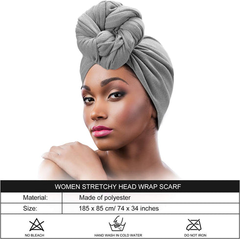 SATINIOR 2 Pieces Stretch Head Wrap Scarf Stretchy Turban Long Hair Scarf Wrap Solid Color Soft Head Band Tie for Women (Black, Grey)...