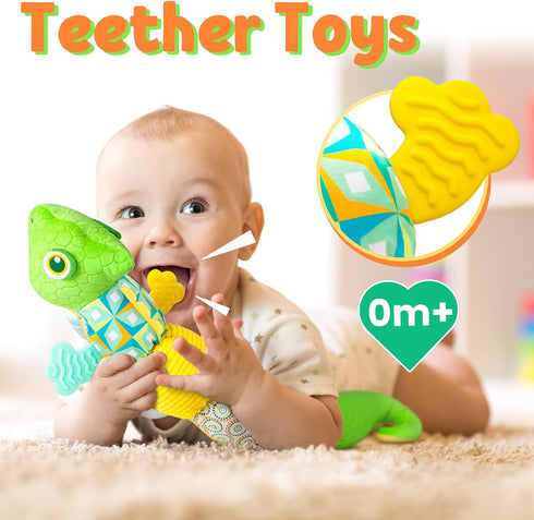 Baby Toys Musical Dinosaur,Infant Stuffed Animal Toys with Crinkle and Rattles,Soft Sensory Toys with Textures for Tummy Time Newborn Boys Girls 0...