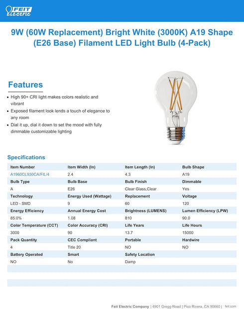 Feit Electric LED Clear A19 Medium Base Light Bulb - 60W Equivalent - 15 Year Life - 810 Lumen - 3000K Bright White - Dimmable | 4-Pack...