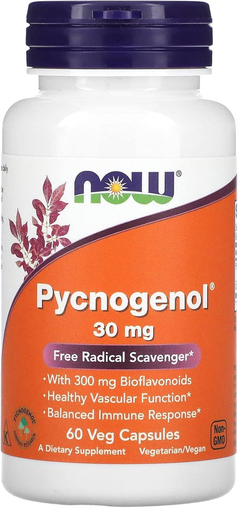 NOW Supplements, Pycnogenol 30 mg (a Unique Combination of Proanthocyanidins from French Maritime Pine) with 300 mg Bioflavonoids, 60 Veg Capsules...
