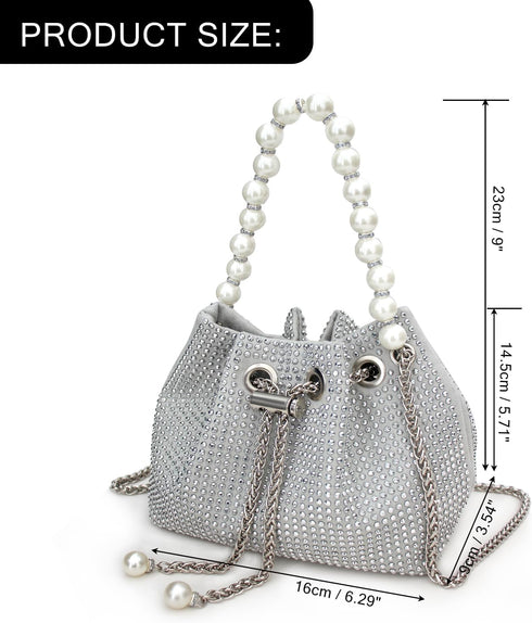Evening Bucket Handbag for Women Sparkly Rhinestone Pearl Clutch Silver Purse for Party Club Wedding Cocktail Prom...