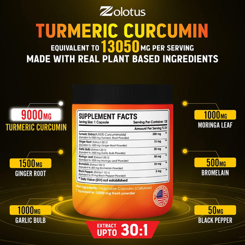 6 in 1 Turmeric Curcumin + Ginger Capsules, 95% Curcuminoids, Equivalent to 13050mg, with Ginger, Garlic Bulb, Bromelain, Moringa, Black Pepper, J...