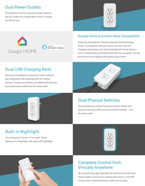 Power by SimplySmart Home, Dual Outlet Timer/Automation, DIY, USB Charger, Nightlight, No tools, No wiring, Snap on, Alexa, Google Assistant, iOS,...