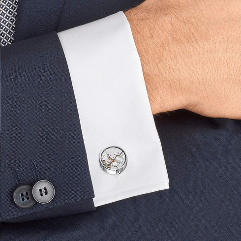 Mr.Van Men's Cufflinks - Rhodium-Plated Brass Steampunk Gear Design, Non-Rotating Watch Movement - Gift Box Included...