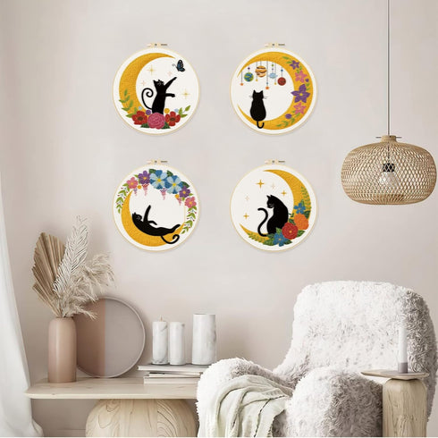 ORIGACH 4 Pack Cat Moon Embroidery Kits for Beginners, DIY Starter Hand Embroidery Kit with Cat Moon Floral Patterns and Instructions, Cat Pattern...