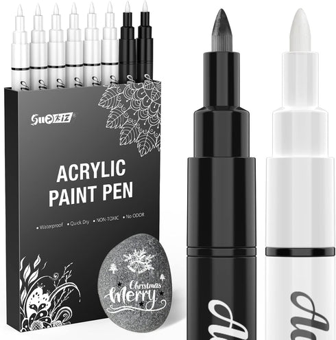 White Paint Pen, 8 Pack 0.7mm Acrylic Paint Pens Acrylic Markers 6 White 2 Black Paint Pens for Rock Painting Wood Canvas Glass Metallic Ceramic T...