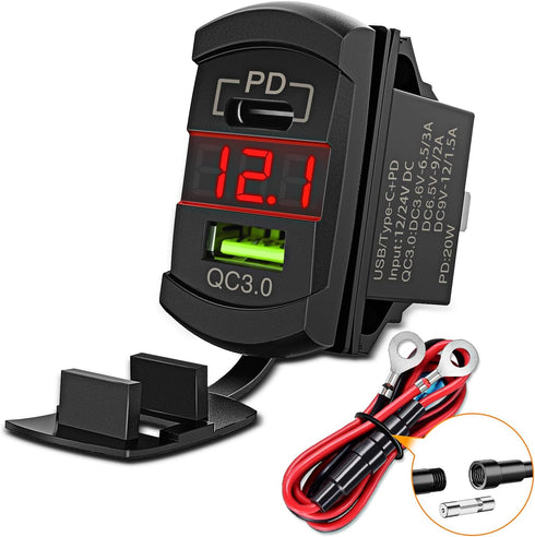 Nilight Rocker Switch Style USB Charger Red LED Voltmeter Quick Charge 12V PD Type C and USB QC 3.0 Car Charger Replacement with Inline Fuse for S...