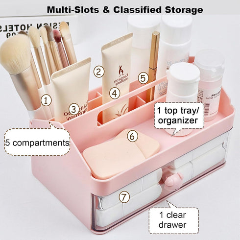 Marte Vanci Desk Organizer with Drawer, Desk Tidy Caddy, Cute Desktop Stationery Organizer, Plastic Makeup Storage Box, Multifunctional Desk Acces...