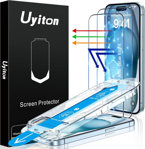 Uyiton Anti-Blue Light for iPhone 15 Screen Protector - Unbreak-Glass Easy Fit Full Coverage Case Friendly Scratch Resistance 9H Tempered Glass Sc...