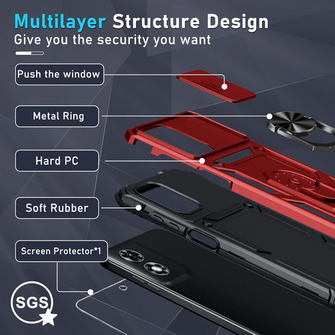 Janmitta Compatible with Moto G Play 2024 Case Built in Slide Camera Lens Cover+Screen Protector+Ring Holder,Heavy Duty Shockproof Full Body Prote...