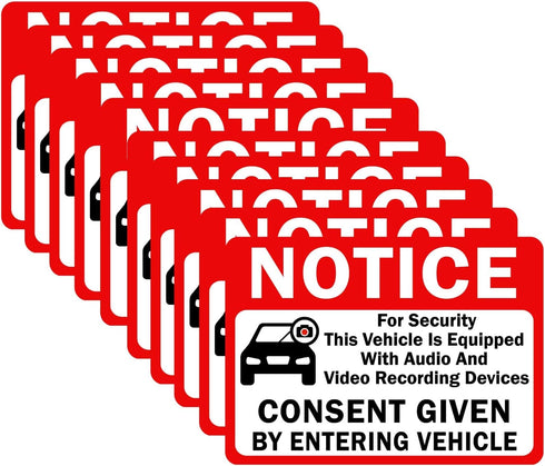 10-Pack Double Sided 3.5"x2.5" - Notice Vehicle is Equipped with Audio and Video Recording Devices Consent by Entering Car Sticker-Vinyl Decal, UV...