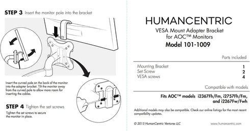 HumanCentric VESA Mount Adapter Bracket Compatible with AOC i2367Fh/Fm/F, i2757Fh/Fm, i2067f, and i2267Fw/Fwh...