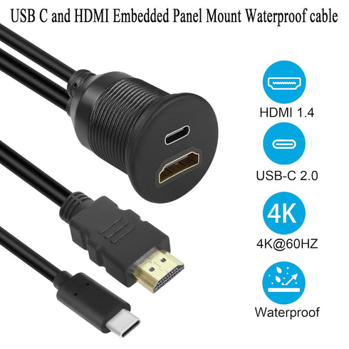 QIANRENON USB C&HDMI Threaded Flush Mount Waterproof Cable Adapter USB C 2.0+HDMI 1.4 Male to Female Panel Mount Extension Cable, 4K@60HZ, for Car...