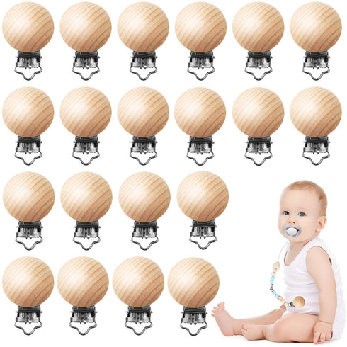 24 Pieces Natural Beech Wood Pacifier Clips Teething Grasping Toy Suspender Clips Charm DIY Pacifier Clips Holder Accessories...